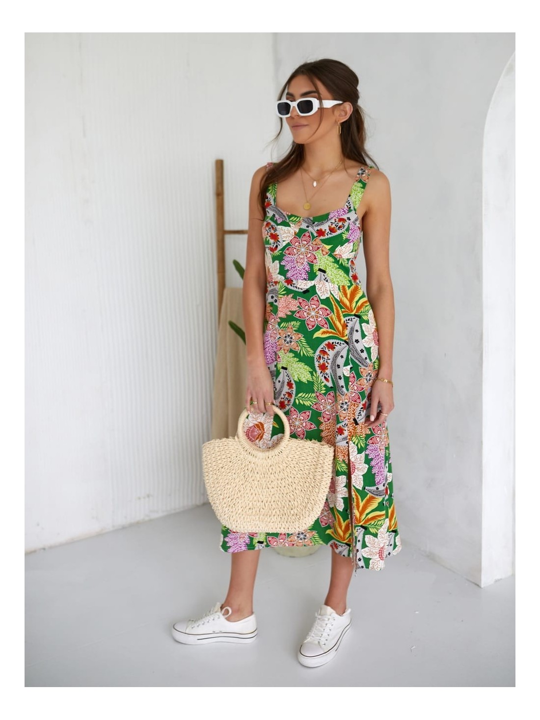 Summer midi dress with straps, green 3183 - Online store - Boutique